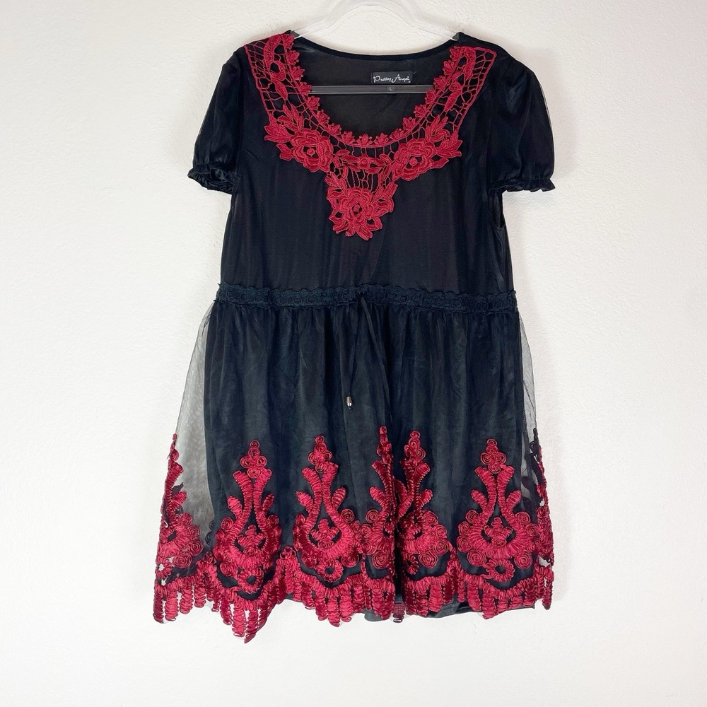 Pretty Angel Dress Large Mini Boho Black Red‎ Silk Blend Dark Romantic Gothic L